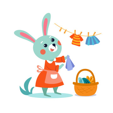 Cute stylised flat bunny rabbit mum hanging baby clothes. Cartoon isolated funny character on white background, simple scene for design. Vector illustration.