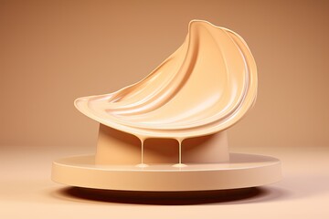 beige pedestal podium with liquid foundation splash swirl on light background