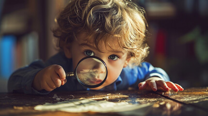 Curious boy looks through a magnifying glass.