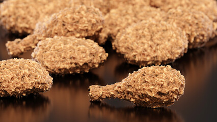 Macro focus of 3d rendering crispy fried chicken pieces With group of blurred fried chicken background. 