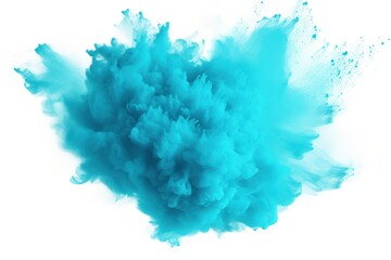  a blue substance is in the air and is in the middle of a cloud of teal blue smoke on a white background with a slight shadow of the left side of the image.