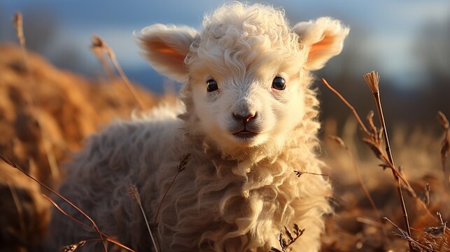 Baby lamb on meadow farmland wooly fur