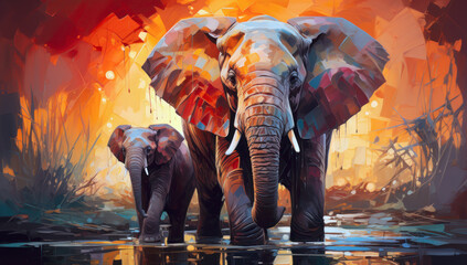 Vector portrait of an adult elephant and baby elephant