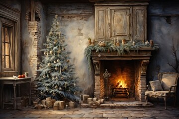  a painting of a living room with a christmas tree in the corner of the room and a fire place in the corner of the room with a chair and a christmas tree in the corner.