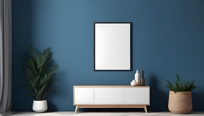 Picture-mockup-with-white-vertical-frame-on--blue-wall--Stylish-dark-interior-with-decor-and-wooden-cupboard-and-blanket-picture--Poster-mockup--Minimalist-modern-interior-design--3D-illustration