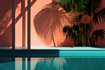 the shadow of a palm tree on a wall next to a pool with a shadow of a palm tree on a wall next to a pool with a shadow of a palm tree.