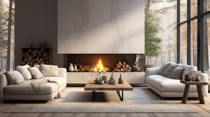 Living room interior in a modern house with panoramic windows, a sofa, a fireplace, furniture in...