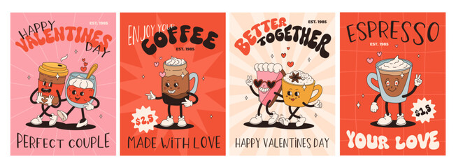 Valentine's Day set of funny vintage characters. Happy and cheerful retro. Old animation 60s 70s, groovy cartoon characters of coffee and sweets, donut, cupcake, espresso, latte, cocoa, cake. present.