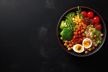  a bowl of food with eggs, tomatoes, broccoli, lettuce, and chickpeas on a black surface with a black background with a white border.