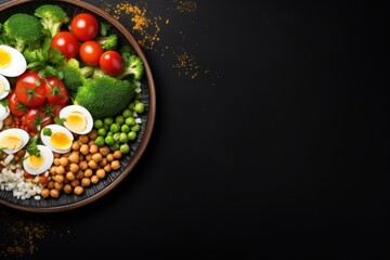  a plate of food with eggs, peas, tomatoes, broccoli, peas, peas, tomatoes, peas, tomatoes, and eggs on a black background.