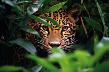  a close - up of a leopard's face peeking out through the leaves of a tree, with its eyes wide open, in the middle of the jungle.