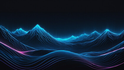 abstract blue desktop wallpaper background with snow mountains and neon light circle round line water waves. dark black blue theme. 16:9 aspect ratio. 