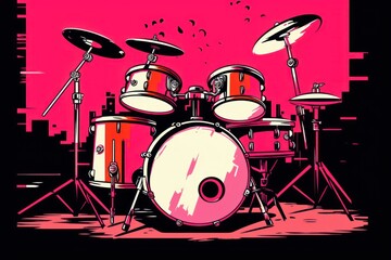  a drawing of a drum set in front of a pink background with a pink sky in the background and a black drum set in front of the drum set in the foreground.