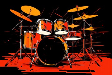  a painting of a drum set on a red and black background with a splash of light coming from the drum sticks in front of the drummer's head and drum sticks in the foreground.