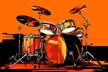 Obraz na płótnie Canvas a painting of a drum set on an orange background with a black drum set on the bottom half of the drum set on the bottom half of the drum set.