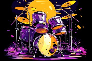 a drawing of a purple drum set on a black background with a sun in the background and splashes of paint on the drum set in the middle of the image.