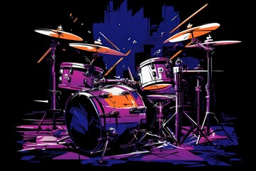  a purple and orange drum set sitting on top of a purple and black floor in front of a purple and blue cityscape with skyscrapers in the background.