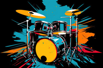  a painting of a drum set on a blue and yellow paint splattered background with a splash of red and yellow on the top of the drums and bottom half of the drum.