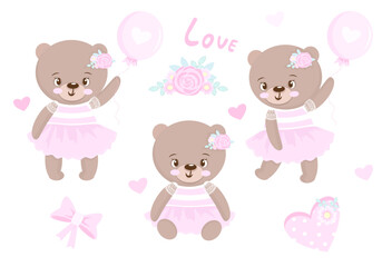 Teddy bear with balloon , flower. Bear set, collection.Cute baby bear girl. Bear ballerina, ballet. Vector illustration isolated on white background. Baby shower, greeting card, birthday, party, print