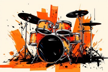  a drawing of a drum set in front of a grungy orange and black background with a splash of paint on the bottom half of the drum and bottom half of the drum set.