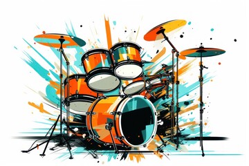 a painting of a drum set with orange and blue paint splatters on the side of the drum set and drumsticks on the side of the drum set.