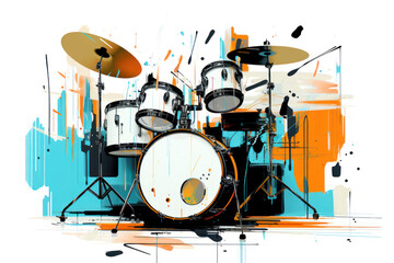  a painting of a drum set with orange and blue paint splatters on a white background with a splash of orange and blue paint on the top of the drum set.