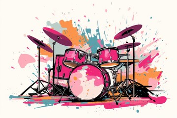  a drawing of a pink drum set with a splash of paint on the side of the drum set and a pair of drums on the other side of the drum set.