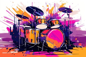  a painting of a drum set with a splash of paint on the background of the drum set and a pair of cyl - cyl - cyl - cyl drums.