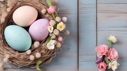 Obraz premium Nest with colorful Easter eggs and flowers on blue background, copy space