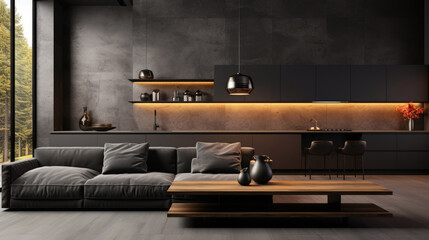 Modern black minimalist kitchen living room interior with sofa, wooden floor, panoramic windows and orange lighting. - obrazy, fototapety, plakaty