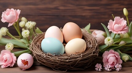 Nest with pastel Easter eggs and flowers on brown wooden background, copy space

