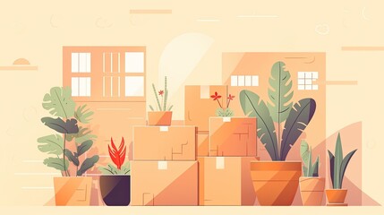 Cardboard boxes and potted plants in room