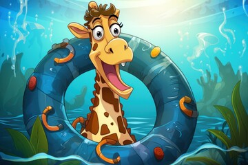  a cartoon giraffe is holding an inflatable ring in a blue sea with algaes and a sunburst in the sky above it is an underwater scene.