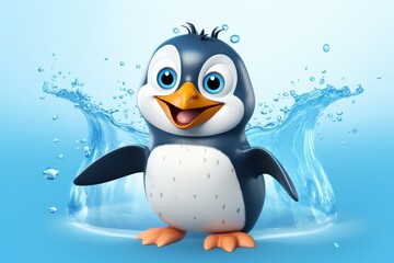  a cartoon penguin with big blue eyes and a smile on his face, standing in the water with a splash of water behind him, on a light blue background.