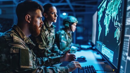Military surveillance officers working with computer screen in central office, Control and...