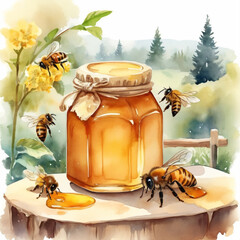Naklejka premium bees fly around a jar of honey