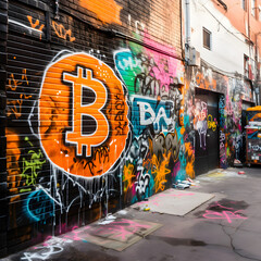 Orange Bitcoin graffiti art spray painted on a wall in an alley 