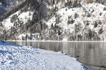 Winter landscape of the mountain river- Beautiful view on the bank a winter lake with crystal clear...