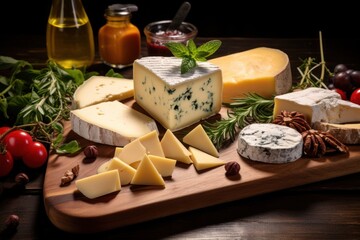  a wooden cutting board topped with lots of different types of cheeses and cheeses on top of a wooden table next to a bottle of ketchup and a glass of wine.
