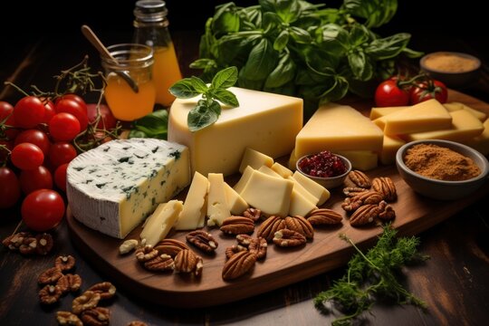  a variety of cheeses and nuts on a cutting board with tomatoes, pecans, tomatoes, basil, walnuts, and a bottle of wine on the side.