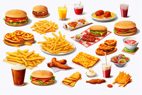 Fast food, street food 3d vector icon set. Pizza, roasted turkey, hamburger, scrambled eggs, brocheta, fried fish, tacos, french fries