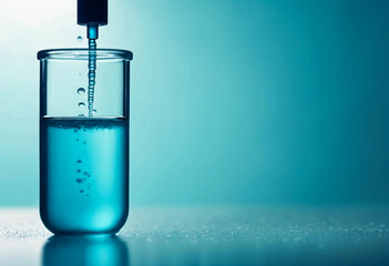 Ricerca Scientifica- Gocciolamento di Reagente in Provetta su Sfondo Blu, Closeup - obrazy, fototapety, plakaty