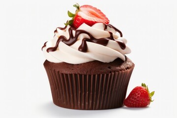  a chocolate cupcake with white frosting and a strawberry on top of it with a chocolate sauce drizzled on top of the cupcake and the cupcake.