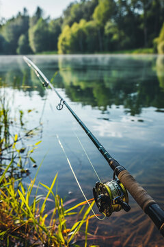 Fishing rod, spinning reel on the background of the pier on the river bank.