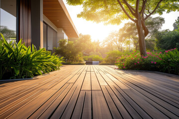 Wooden floor summer veranda in a beautiful country house, a place for your product against the backdrop of a living house