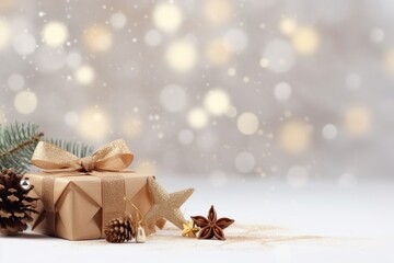  a present wrapped in brown paper with a pine cone on top of it and a pine cone on the other side of the present box and a pine cone on the other side.