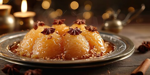 Habshi Halwa Extravaganza: A luxurious dessert setting with a plate of halwa - Opulent Sweetness with Luxury Ingredients - Warm, golden lighting enhancing the richness and grandeur of this sweet - obrazy, fototapety, plakaty