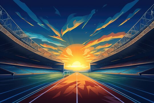 Vector illustration of a sunset over the stadium. View from the ground, Empty stadium illustration with running track under spotlight at night, AI Generated