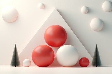  a group of red and white balls sitting on top of a white floor next to a white wall with a white triangle and three trees in front of white balls.