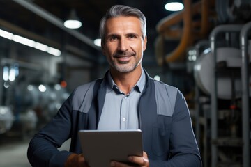 Portrait of confident mature man holding digital tablet in warehouse at factory, Engineer manager leader wearing helmet holding tablet looking at camera, AI Generated - obrazy, fototapety, plakaty